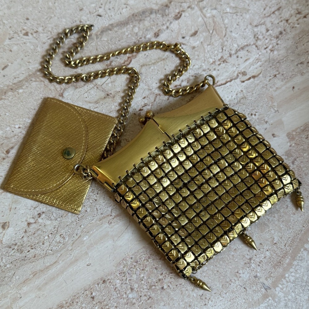 Vintage Square Mesh Evening Bag Gold Tone Kiss Lock Metal Purse Mid Century Mod